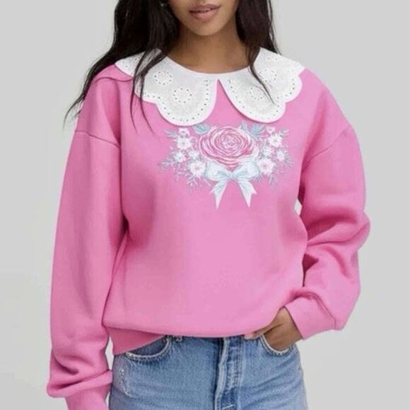 Sugar Tops - Sugar Thrillz Dolls Kill 2X Pink Lace Collar Sweatshirt Cottagecore Coquette
